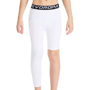 imageDEVOROPA Youth Boys One Leg Compression Pants for Basketball 34 Leggings Sports Tights Athletic Soccer Baselayer PocketsWhiteright Long