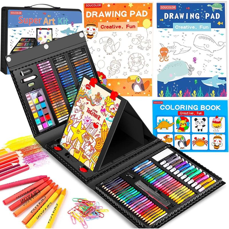 imageSoucolor Art Supplies 283 Pieces Drawing Set Art Kits with Trifold Easel 2 Drawing Pads 1 Coloring Book Crayons Pastels Arts and Crafts Gifts Case for Kids Girls Boys Teens Beginners PurpleBlack