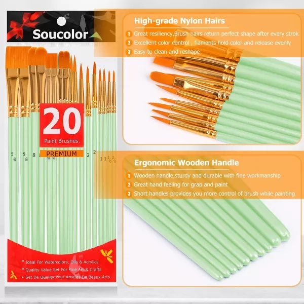 imageSoucolor Acrylic Paint Brushes Set 20Pcs Round Pointed Tip Artist Paintbrushes for Acrylic Painting Oil Watercolor Canvas Boards Rock Body Face Nail Art Halloween Pumpkin Ceramic Crafts SuppliesMint Green