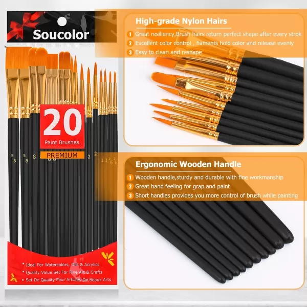 imageSoucolor Acrylic Paint Brushes Set 20Pcs Round Pointed Tip Artist Paintbrushes for Acrylic Painting Oil Watercolor Canvas Boards Rock Body Face Nail Art Halloween Pumpkin Ceramic Crafts SuppliesBlack