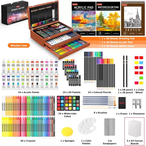 imageSoucolor Art Supplies 192Pack Deluxe Art Set Drawing Painting Supplies Art Kit with Acrylic Pad Watercolor Pad Sketch Book Canvases Acrylic Paint Crayons Pencils Gifts for Artists Adults KidsYellow Brown