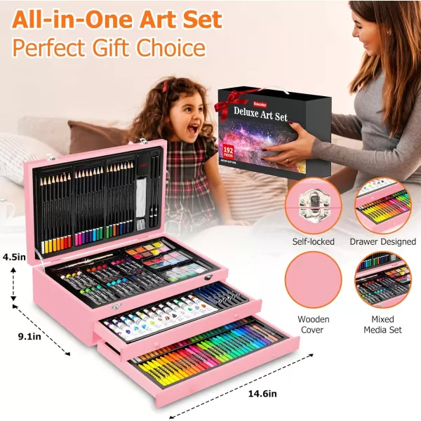 imageSoucolor Art Supplies 192Pack Deluxe Art Set Drawing Painting Supplies Art Kit with Acrylic Pad Watercolor Pad Sketch Book Canvases Acrylic Paint Crayons Pencils Gifts for Artists Adults KidsPink