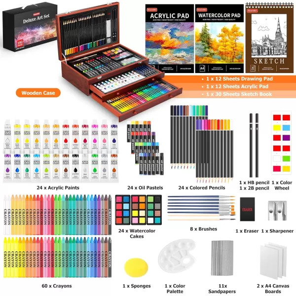imageSoucolor Art Supplies 192Pack Deluxe Art Set Drawing Painting Supplies Art Kit with Acrylic Pad Watercolor Pad Sketch Book Canvases Acrylic Paint Crayons Pencils Gifts for Artists Adults KidsBrown
