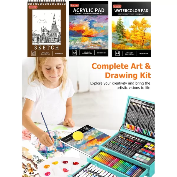 imageSoucolor Art Supplies 192Pack Deluxe Art Set Drawing Painting Supplies Art Kit with Acrylic Pad Watercolor Pad Sketch Book Canvases Acrylic Paint Crayons Pencils Gifts for Artists Adults KidsTeal