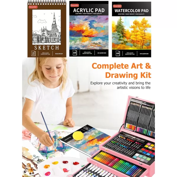 imageSoucolor Art Supplies 192Pack Deluxe Art Set Drawing Painting Supplies Art Kit with Acrylic Pad Watercolor Pad Sketch Book Canvases Acrylic Paint Crayons Pencils Gifts for Artists Adults KidsPink