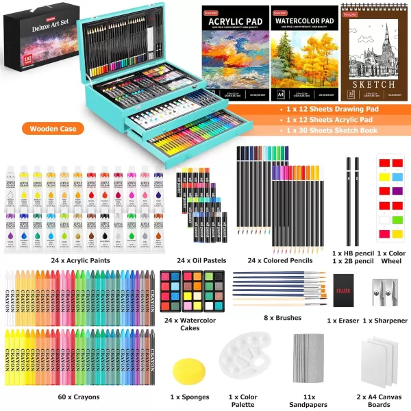 imageSoucolor Art Supplies 192Pack Deluxe Art Set Drawing Painting Supplies Art Kit with Acrylic Pad Watercolor Pad Sketch Book Canvases Acrylic Paint Crayons Pencils Gifts for Artists Adults KidsTeal