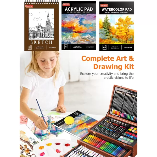 imageSoucolor Art Supplies 192Pack Deluxe Art Set Drawing Painting Supplies Art Kit with Acrylic Pad Watercolor Pad Sketch Book Canvases Acrylic Paint Crayons Pencils Gifts for Artists Adults KidsBrown