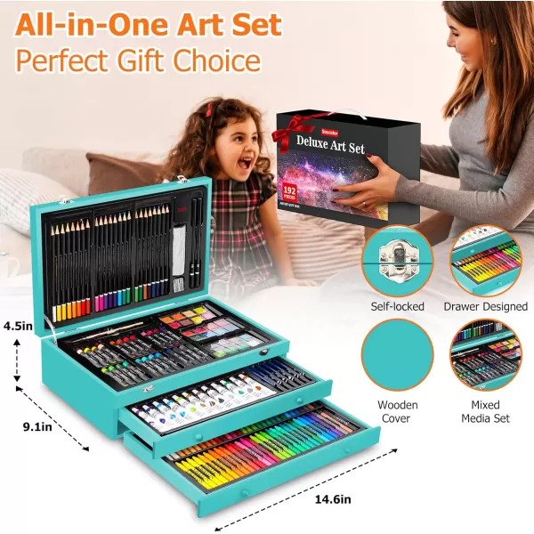 imageSoucolor Art Supplies 192Pack Deluxe Art Set Drawing Painting Supplies Art Kit with Acrylic Pad Watercolor Pad Sketch Book Canvases Acrylic Paint Crayons Pencils Gifts for Artists Adults KidsTeal