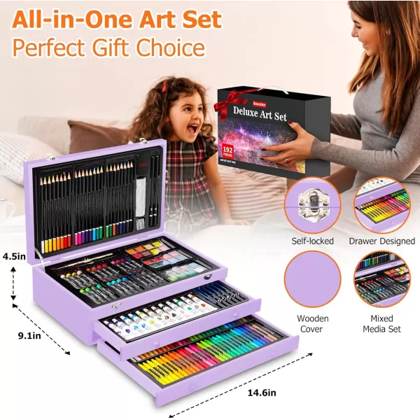 imageSoucolor Art Supplies 192Pack Deluxe Art Set Drawing Painting Supplies Art Kit with Acrylic Pad Watercolor Pad Sketch Book Canvases Acrylic Paint Crayons Pencils Gifts for Artists Adults KidsPurple