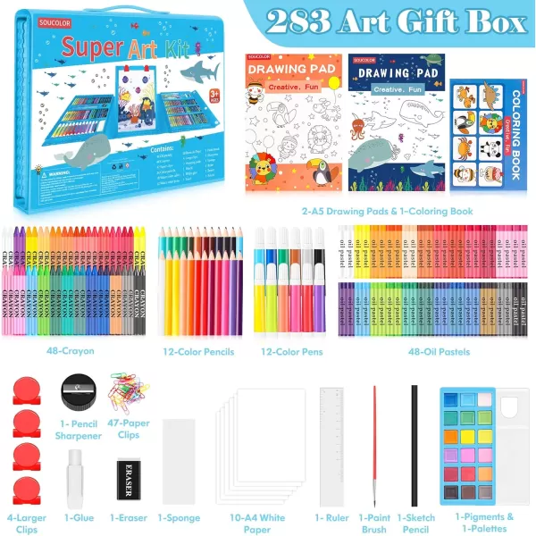 imageSoucolor Art Supplies 283 Pieces Drawing Set Art Kits with Trifold Easel 2 Drawing Pads 1 Coloring Book Crayons Pastels Arts and Crafts Gifts Case for Kids Girls Boys Teens Beginners PurpleBlue