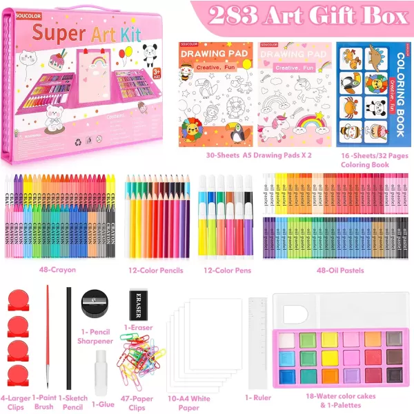 imageSoucolor Art Supplies 283 Pieces Drawing Set Art Kits with Trifold Easel 2 Drawing Pads 1 Coloring Book Crayons Pastels Arts and Crafts Gifts Case for Kids Girls Boys Teens Beginners PurplePink