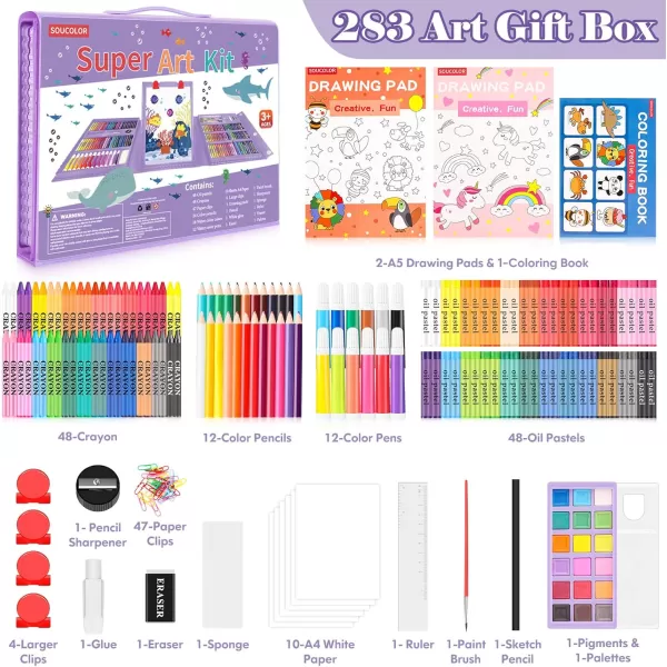 imageSoucolor Art Supplies 283 Pieces Drawing Set Art Kits with Trifold Easel 2 Drawing Pads 1 Coloring Book Crayons Pastels Arts and Crafts Gifts Case for Kids Girls Boys Teens Beginners PurplePurple