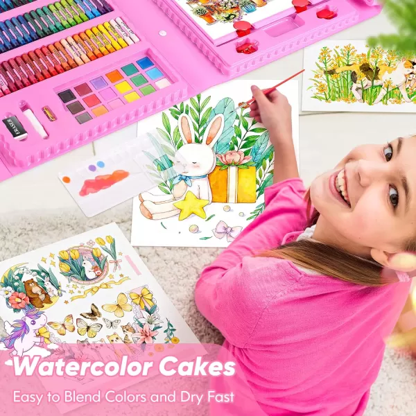 imageSoucolor Art Supplies 283 Pieces Drawing Set Art Kits with Trifold Easel 2 Drawing Pads 1 Coloring Book Crayons Pastels Arts and Crafts Gifts Case for Kids Girls Boys Teens Beginners PurplePink