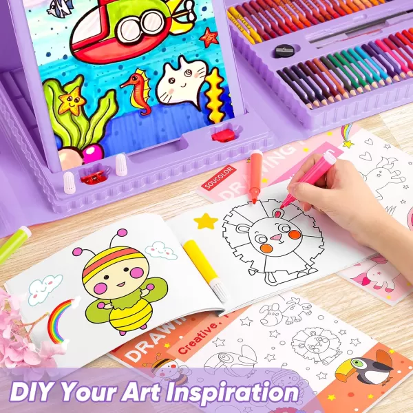 imageSoucolor Art Supplies 283 Pieces Drawing Set Art Kits with Trifold Easel 2 Drawing Pads 1 Coloring Book Crayons Pastels Arts and Crafts Gifts Case for Kids Girls Boys Teens Beginners PurplePurple