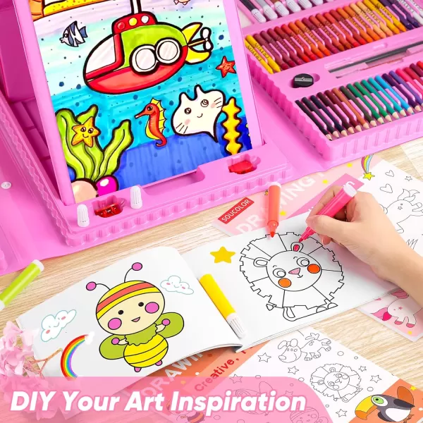 imageSoucolor Art Supplies 283 Pieces Drawing Set Art Kits with Trifold Easel 2 Drawing Pads 1 Coloring Book Crayons Pastels Arts and Crafts Gifts Case for Kids Girls Boys Teens Beginners PurplePink