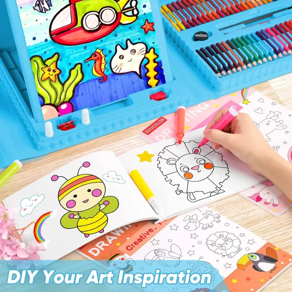 imageSoucolor Art Supplies 283 Pieces Drawing Set Art Kits with Trifold Easel 2 Drawing Pads 1 Coloring Book Crayons Pastels Arts and Crafts Gifts Case for Kids Girls Boys Teens Beginners PurpleBlue