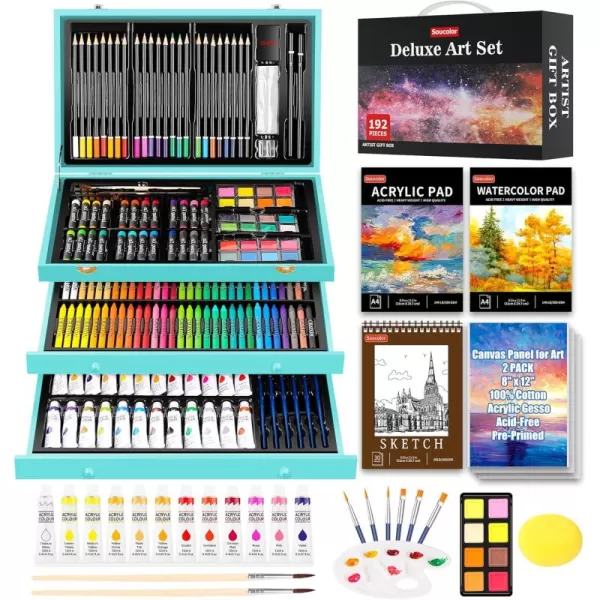 imageSoucolor Art Supplies 192Pack Deluxe Art Set Drawing Painting Supplies Art Kit with Acrylic Pad Watercolor Pad Sketch Book Canvases Acrylic Paint Crayons Pencils Gifts for Artists Adults KidsTeal