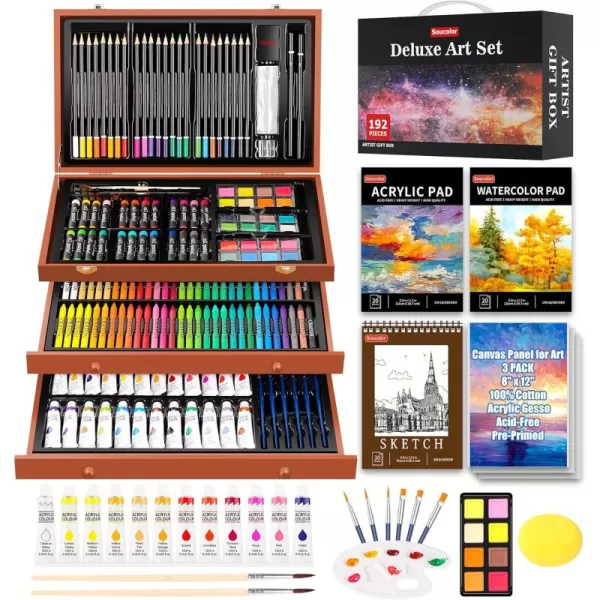 imageSoucolor Art Supplies 192Pack Deluxe Art Set Drawing Painting Supplies Art Kit with Acrylic Pad Watercolor Pad Sketch Book Canvases Acrylic Paint Crayons Pencils Gifts for Artists Adults KidsYellow Brown