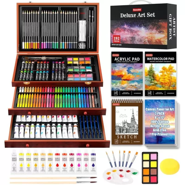 imageSoucolor Art Supplies 192Pack Deluxe Art Set Drawing Painting Supplies Art Kit with Acrylic Pad Watercolor Pad Sketch Book Canvases Acrylic Paint Crayons Pencils Gifts for Artists Adults KidsBrown