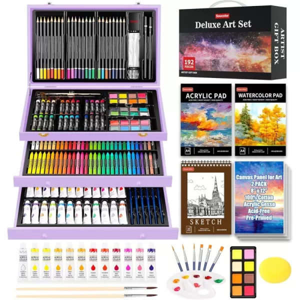 imageSoucolor Art Supplies 192Pack Deluxe Art Set Drawing Painting Supplies Art Kit with Acrylic Pad Watercolor Pad Sketch Book Canvases Acrylic Paint Crayons Pencils Gifts for Artists Adults KidsPurple