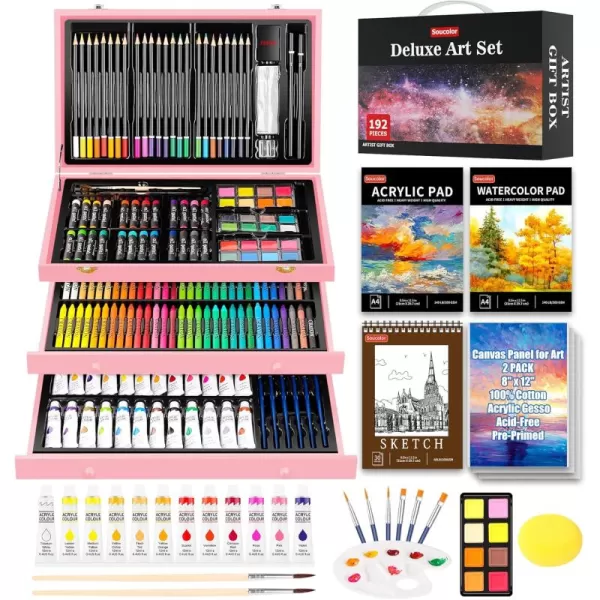 imageSoucolor Art Supplies 192Pack Deluxe Art Set Drawing Painting Supplies Art Kit with Acrylic Pad Watercolor Pad Sketch Book Canvases Acrylic Paint Crayons Pencils Gifts for Artists Adults KidsPink