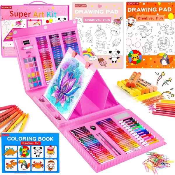 imageSoucolor Art Supplies 283 Pieces Drawing Set Art Kits with Trifold Easel 2 Drawing Pads 1 Coloring Book Crayons Pastels Arts and Crafts Gifts Case for Kids Girls Boys Teens Beginners PurplePink