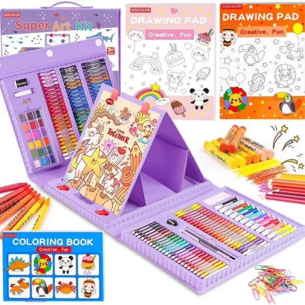 imageSoucolor Art Supplies 283 Pieces Drawing Set Art Kits with Trifold Easel 2 Drawing Pads 1 Coloring Book Crayons Pastels Arts and Crafts Gifts Case for Kids Girls Boys Teens Beginners PurplePurple