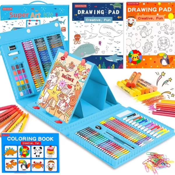 imageSoucolor Art Supplies 283 Pieces Drawing Set Art Kits with Trifold Easel 2 Drawing Pads 1 Coloring Book Crayons Pastels Arts and Crafts Gifts Case for Kids Girls Boys Teens Beginners PurpleBlue