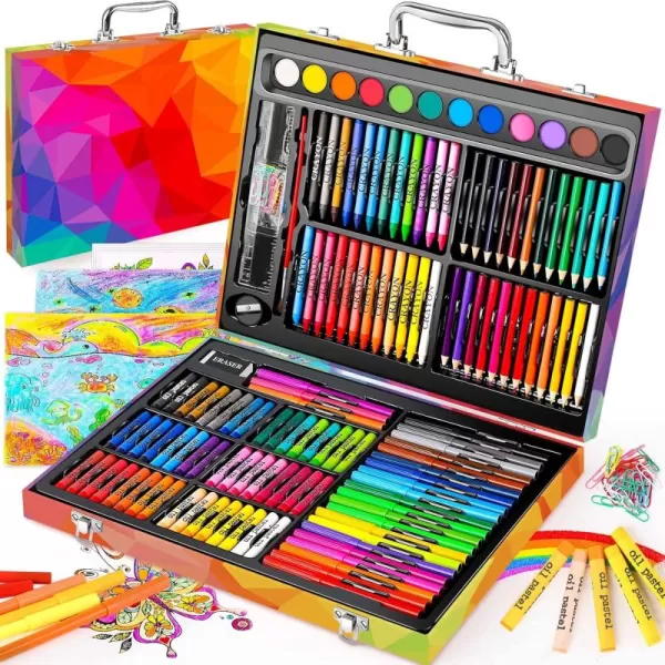 imageSoucolor Arts and Crafts Supplies 183Pack Drawing Painting Set for Kids Girls Boys Teens Coloring Art Kit Gift Crayons Oil Pastels Watercolors Cake Colored Pencils Markers Sketch PaperRainbow