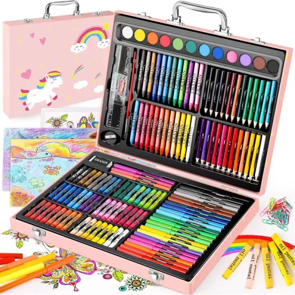 imageSoucolor Arts and Crafts Supplies 183Pack Drawing Painting Set for Kids Girls Boys Teens Coloring Art Kit Gift Crayons Oil Pastels Watercolors Cake Colored Pencils Markers Sketch PaperPink