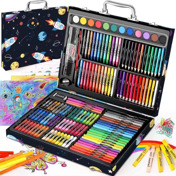 imageSoucolor Arts and Crafts Supplies 183Pack Drawing Painting Set for Kids Girls Boys Teens Coloring Art Kit Gift Crayons Oil Pastels Watercolors Cake Colored Pencils Markers Sketch PaperSpaceship