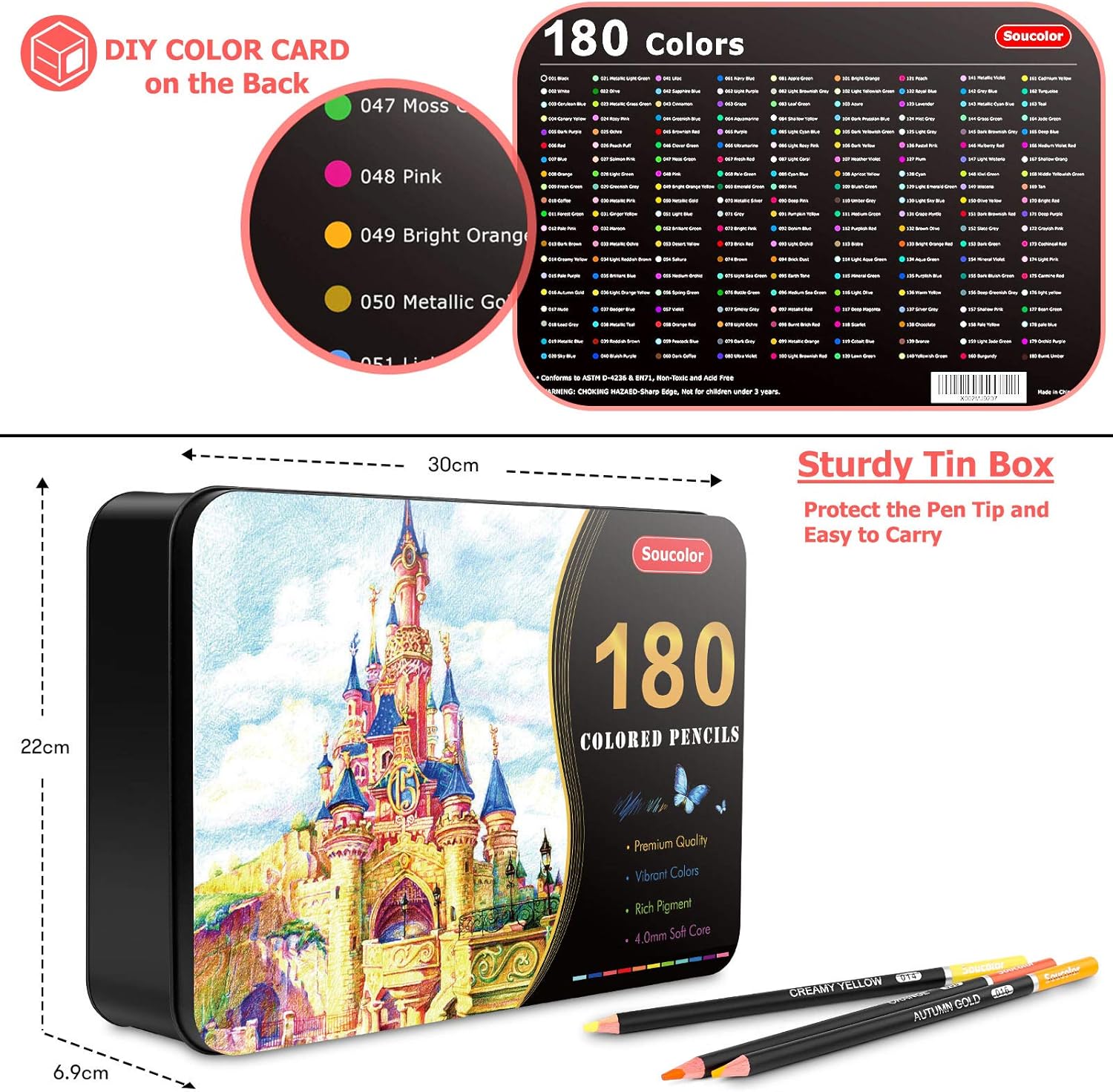imageSoucolor 180Color Artist Colored Pencils Set for Adult Coloring Books Soft Core Professional Numbered Art Drawing Pencils for Sketching Shading Blending Crafting Gift Tin Box for Beginners Kids