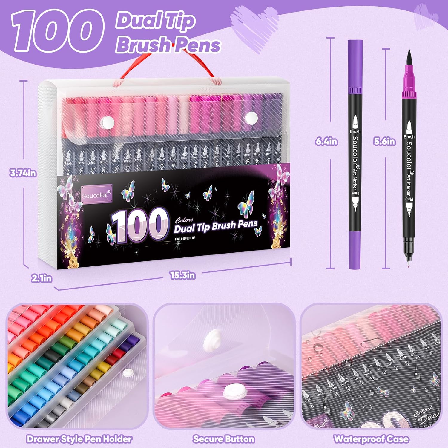 imageSoucolor Art Brush Markers Pens for Adult Coloring Books 34 Colors Numbered Dual Tip Brush and Fine Point Marker Pen for Kids Note taking Planner Lettering Calligraphy Drawing Preppy School Stuff100 Colors