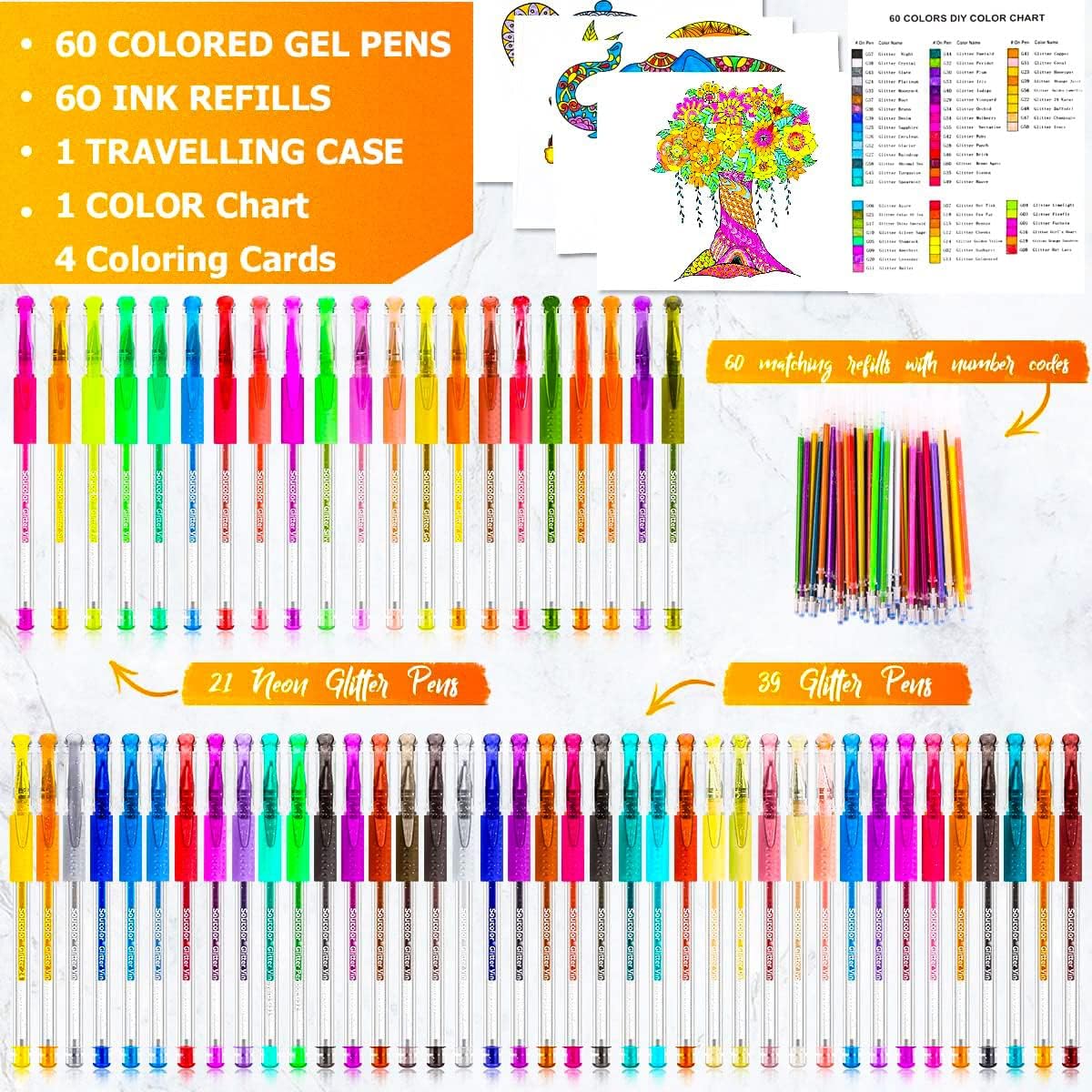 imageSoucolor Glitter Gel Pens for Adult Coloring Books 120 Pack60 Glitter Pens 60 Refills and Travel Case 40 More Ink Markers Set for Drawing Doodling Journaling Craft Art Supplies BlueBlack