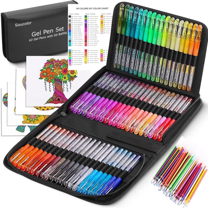 imageSoucolor Glitter Gel Pens for Adult Coloring Books 120 Pack60 Glitter Pens 60 Refills and Travel Case 40 More Ink Markers Set for Drawing Doodling Journaling Craft Art Supplies BlueBlack