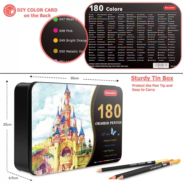 imageSoucolor 180Color Artist Colored Pencils Set for Adult Coloring Books Soft Core Professional Numbered Art Drawing Pencils for Sketching Shading Blending Crafting Gift Tin Box for Beginners Kids