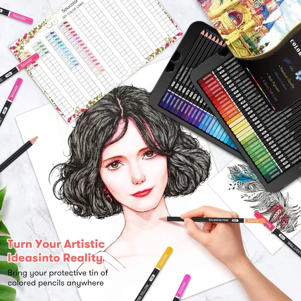 imageSoucolor 180Color Artist Colored Pencils Set for Adult Coloring Books Soft Core Professional Numbered Art Drawing Pencils for Sketching Shading Blending Crafting Gift Tin Box for Beginners Kids