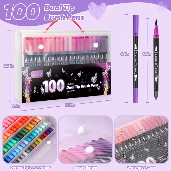 imageSoucolor Art Brush Markers Pens for Adult Coloring Books 34 Colors Numbered Dual Tip Brush and Fine Point Marker Pen for Kids Note taking Planner Lettering Calligraphy Drawing Preppy School Stuff100 Colors