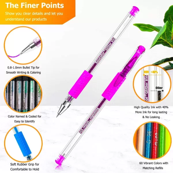 imageSoucolor Glitter Gel Pens for Adult Coloring Books 120 Pack60 Glitter Pens 60 Refills and Travel Case 40 More Ink Markers Set for Drawing Doodling Journaling Craft Art Supplies BlueBlack