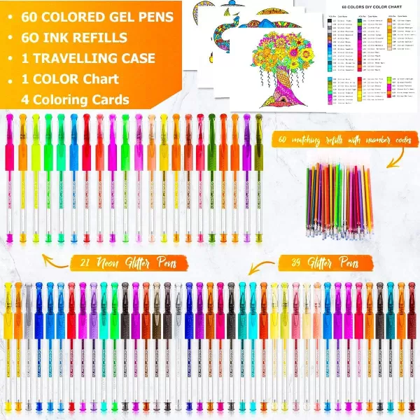imageSoucolor Glitter Gel Pens for Adult Coloring Books 120 Pack60 Glitter Pens 60 Refills and Travel Case 40 More Ink Markers Set for Drawing Doodling Journaling Craft Art Supplies BlueBlack