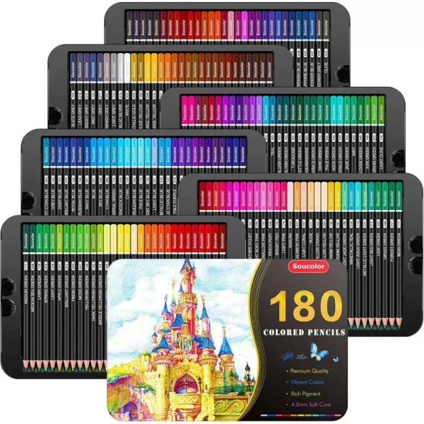 imageSoucolor 180Color Artist Colored Pencils Set for Adult Coloring Books Soft Core Professional Numbered Art Drawing Pencils for Sketching Shading Blending Crafting Gift Tin Box for Beginners Kids