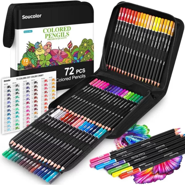 imageSoucolor 72Color Colored Pencils for Adult Coloring Books Back to School Supplies Soft Core Artist Sketching Drawing Pencils Drawing Supplies Art Supplies Kit for Adults Kids Coloring Pencils Set72 Colors With Zipper Case