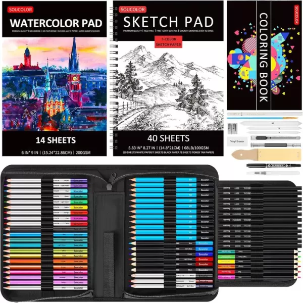 imageSoucolor 76 Pack Sketching Pencils for Adults Kids Teens Girls Boys Gifts Idea with 3Color Sketch Book Watercolor Pad Coloring Book Drawing Kits Set Metallic Watercolor Oilbased Colored Pencils76