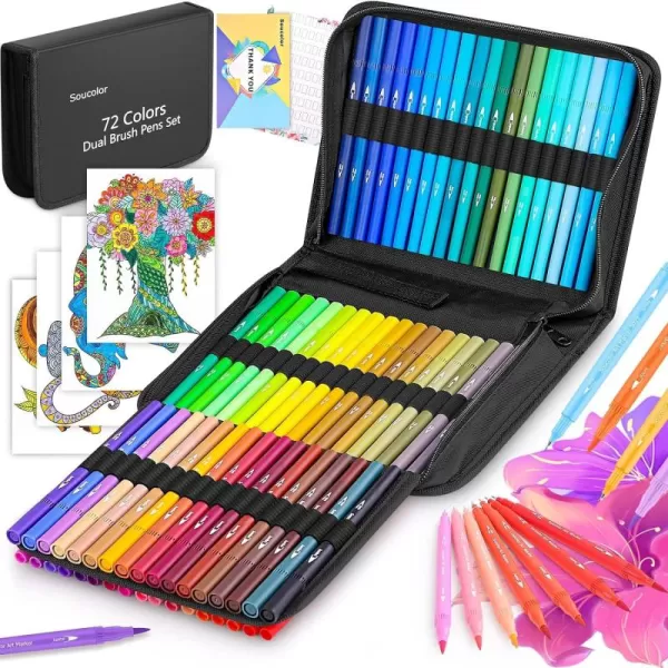 imageSoucolor Art Brush Markers Pens for Adult Coloring Books 34 Colors Numbered Dual Tip Brush and Fine Point Marker Pen for Kids Note taking Planner Lettering Calligraphy Drawing Preppy School Stuff72 Colors