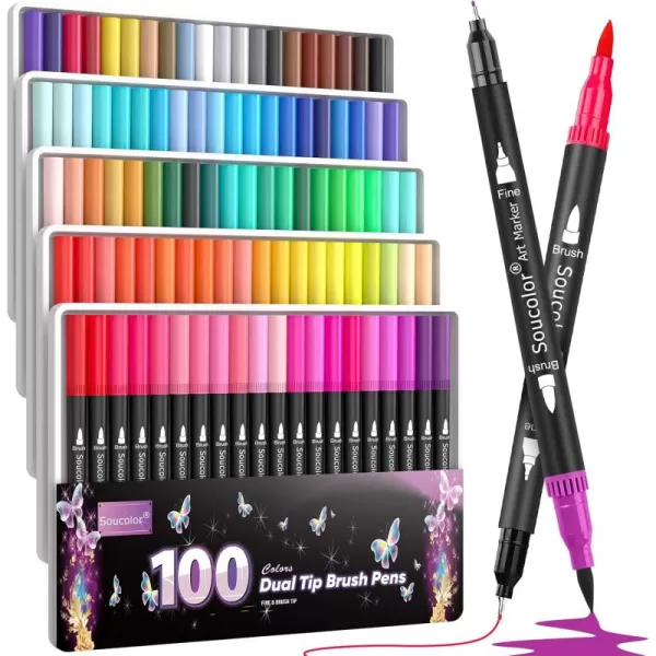 imageSoucolor Art Brush Markers Pens for Adult Coloring Books 34 Colors Numbered Dual Tip Brush and Fine Point Marker Pen for Kids Note taking Planner Lettering Calligraphy Drawing Preppy School Stuff100 Colors