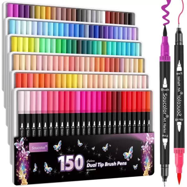 imageSoucolor Art Brush Markers Pens for Adult Coloring Books 34 Colors Numbered Dual Tip Brush and Fine Point Marker Pen for Kids Note taking Planner Lettering Calligraphy Drawing Preppy School Stuff150 Colors
