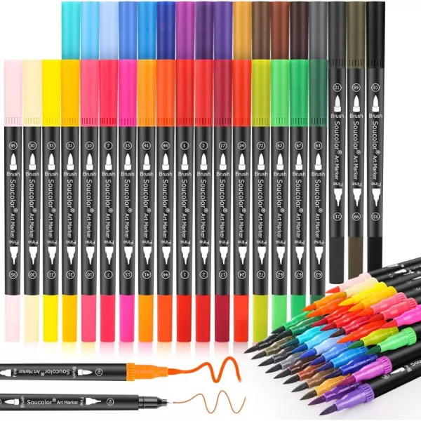 imageSoucolor Art Brush Markers Pens for Adult Coloring Books 34 Colors Numbered Dual Tip Brush and Fine Point Marker Pen for Kids Note taking Planner Lettering Calligraphy Drawing Preppy School Stuff34 Colors