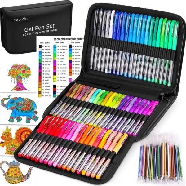 imageSoucolor Art Supplies for Adults Teen Girls Boys Kids Deluxe 120 Pack Colored Gel Pens for Adult Coloring Books 60 Gel Pens 60 Refills and Travel Case with 40 More Ink Markers SetBlack