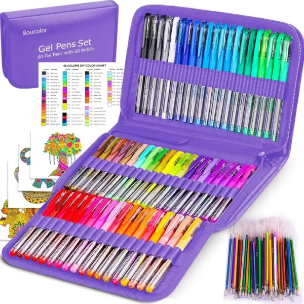 imageSoucolor Art Supplies for Adults Teen Girls Boys Kids Deluxe 120 Pack Colored Gel Pens for Adult Coloring Books 60 Gel Pens 60 Refills and Travel Case with 40 More Ink Markers SetPurple