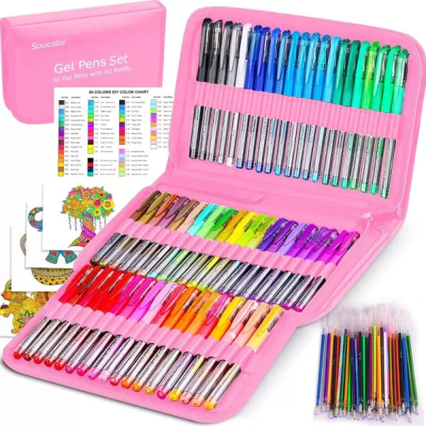 imageSoucolor Art Supplies for Adults Teen Girls Boys Kids Deluxe 120 Pack Colored Gel Pens for Adult Coloring Books 60 Gel Pens 60 Refills and Travel Case with 40 More Ink Markers SetPink